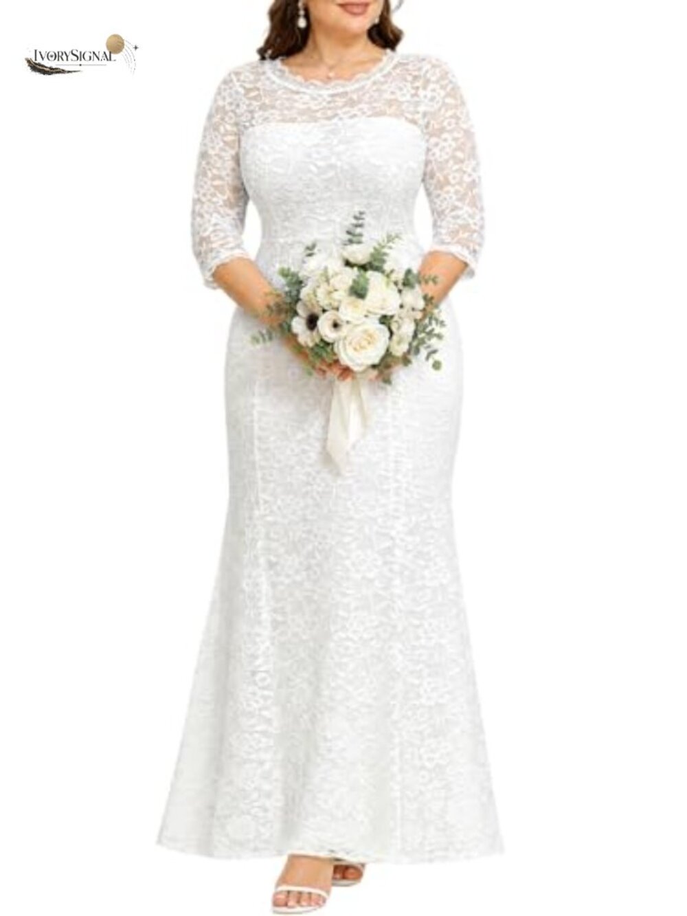 Plus Size Lace Mermaid Wedding Dress Formal Evening Gown 3/4 Sleeve